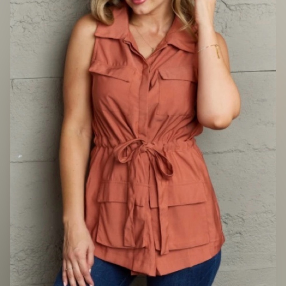 Ninexis L Sleeveless Button Up Rust Cargo Top Drawstring Utility-Chic Safari New